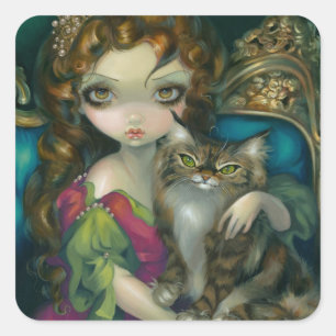 "Princess with a Maine Coon Cat"-Aufkleber Quadratischer Aufkleber