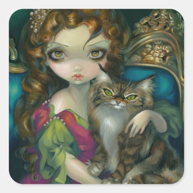 "Princess with a Maine Coon Cat"-Aufkleber Quadratischer Aufkleber (Vorderseite)