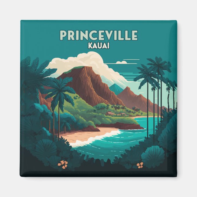 Princeville Kauai Hawaii Beach Mountains Retro Magnet (Vorne)