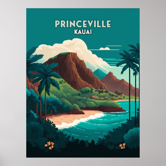 Princeville Kauai Hawaii Beach Mountains Retro Poster (Vorne)