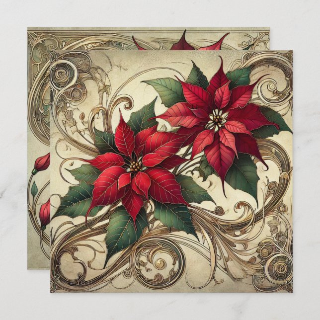 Principal Vintag Art Nouveau Christmas Poinsettia Einladung (Vorne/Hinten)