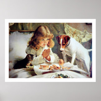 Print: Frühstück im Bett: Mädchen, Terrier & Katze Poster