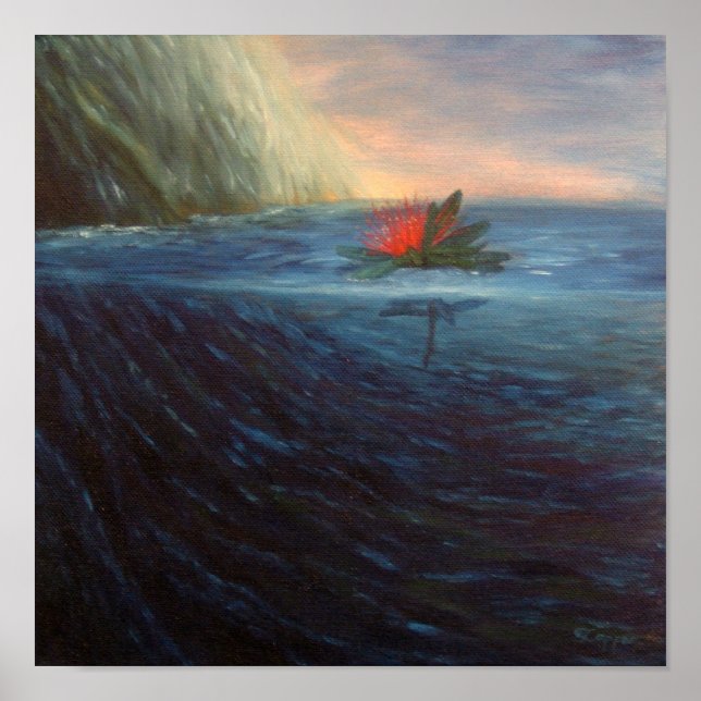 Print: Pohutukawa Rote Blume im blauen Meer Poster (Vorne)