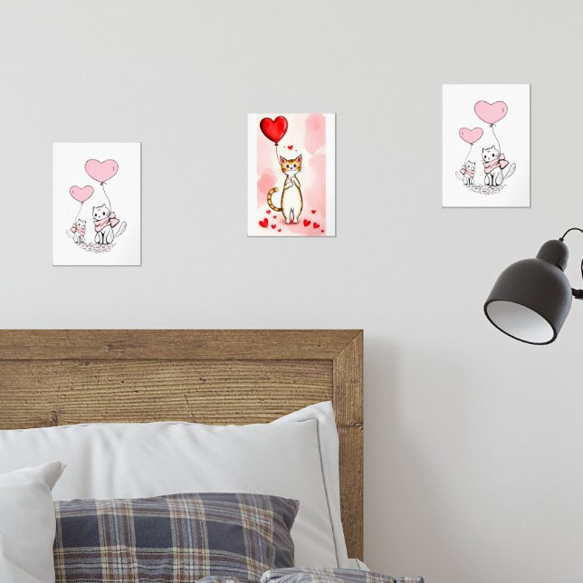 Print Set  Cat Red & Pink Hearts