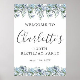 Printable 100. Geburtstag Blue Floral Willkommen Poster