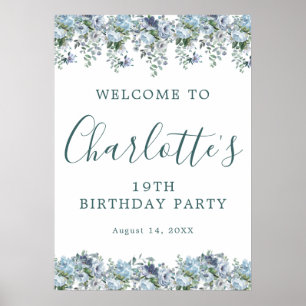 Printable 19. Geburtstag Blue Floral Willkommen Poster
