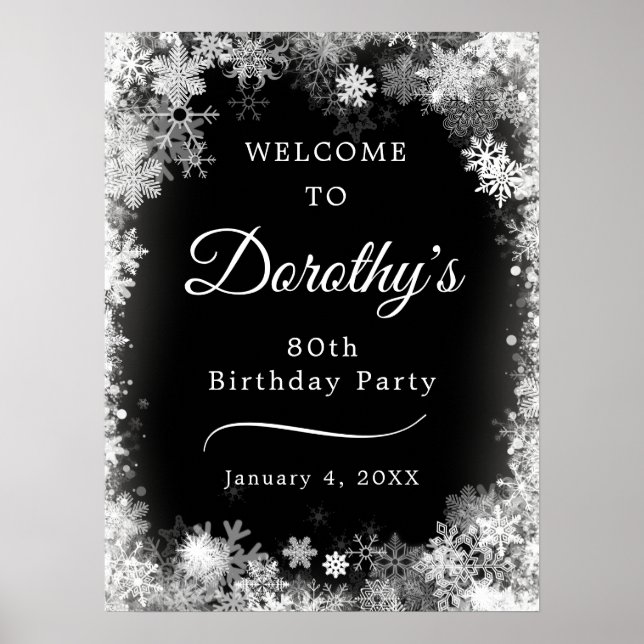 Printable 80. Geburtstag Snowflake Black Willkomme Poster (Vorne)