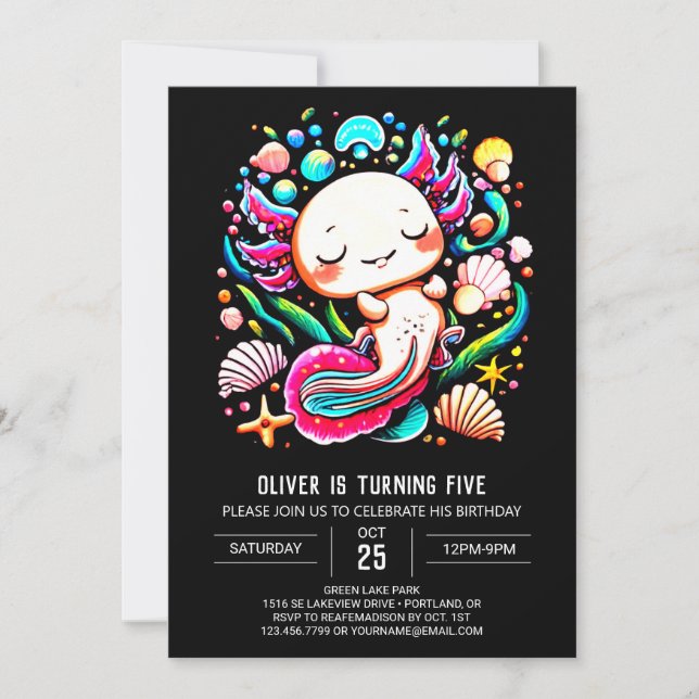 Printable Axolotl farbenfroh zum Geburtstag Einladung (Vorderseite)