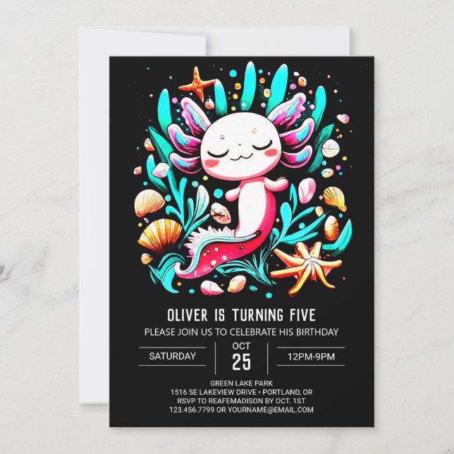 Printable Axolotl farbenfroh zum Geburtstag Einladung (Vorderseite)