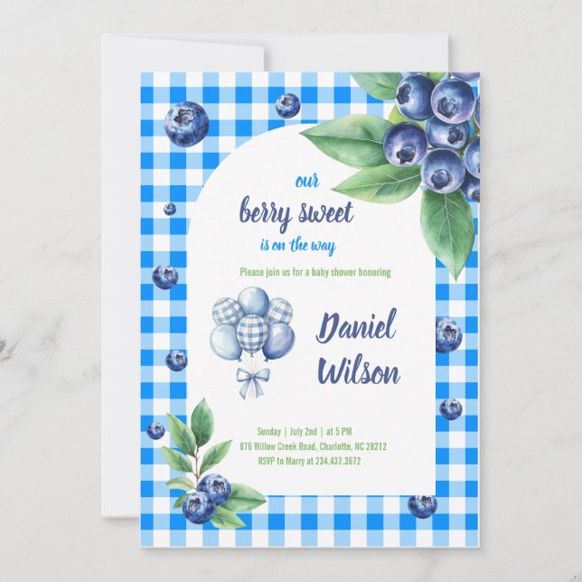 Printable Berry Sweet Blue Theme Baby Dusche Einladung (Vorderseite)