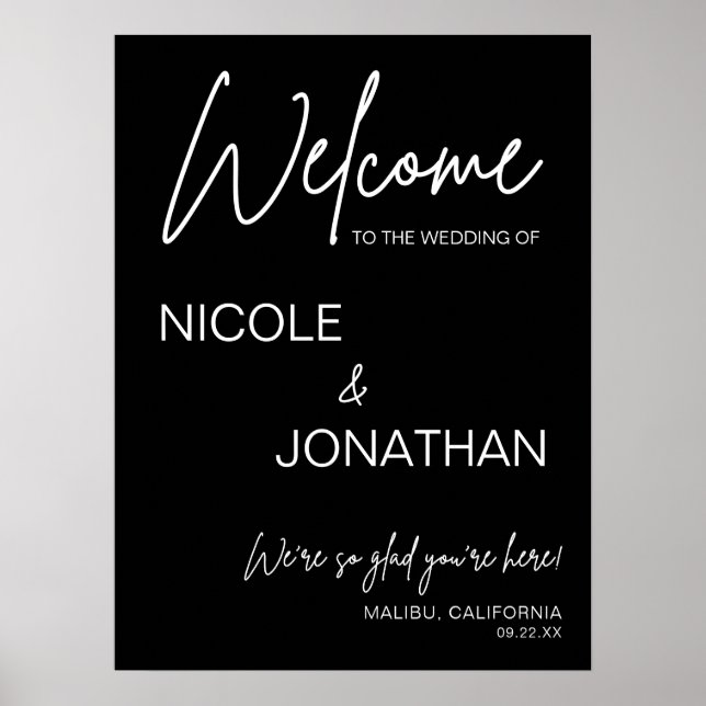 Printable Black Modern Wedding Willkommenszeichen Poster (Vorne)