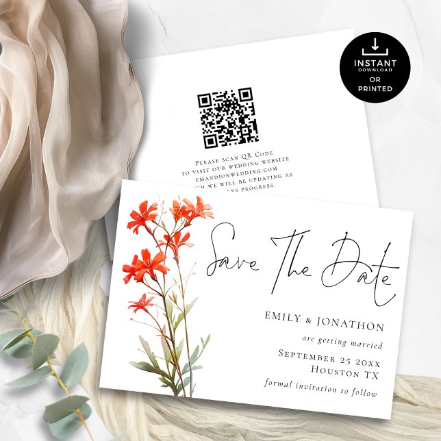 Printable Boho Red Wildblumen QR-Codeskript Save The Date (Von Creator hochgeladen)