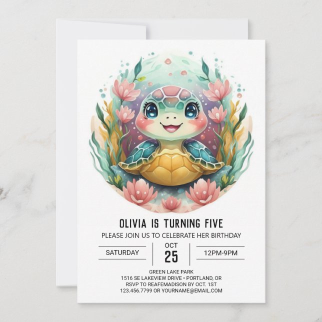 Printable Boho Turtle Girl Birthday Einladung (Vorderseite)