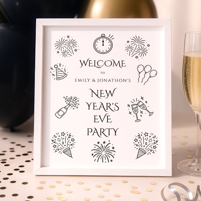 Printable Doodles Black Welcome to New Year Party Poster (Von Creator hochgeladen)