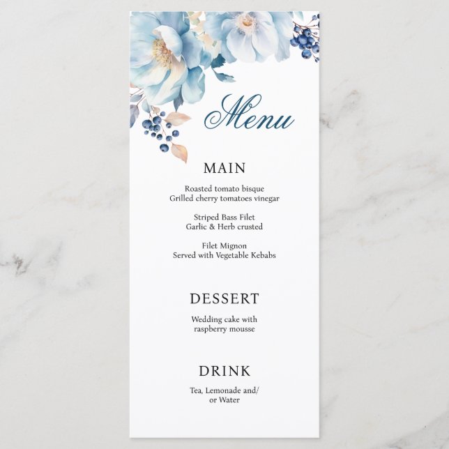 Printable Dusty Blue Florals Wedding Menu Menükarte (Vorderseite)