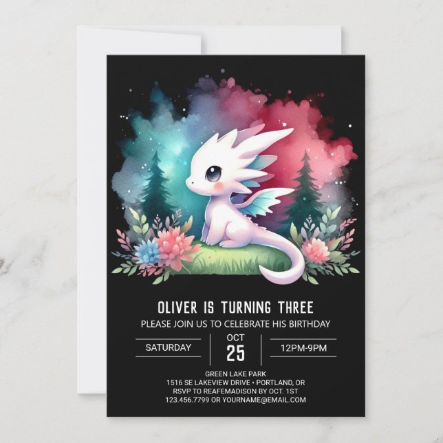 Printable Enchanted Dragon Birthday Einladung (Vorderseite)