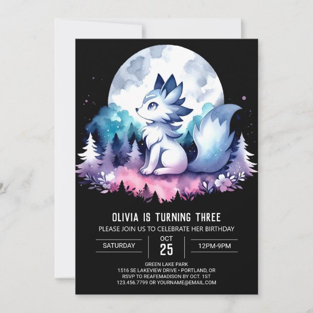Printable Enchanted Wolf Birthday Einladung (Vorderseite)