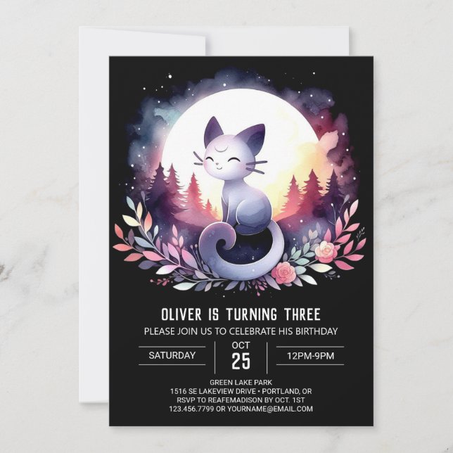 Printable Feline Cat Birthday Einladung (Vorderseite)