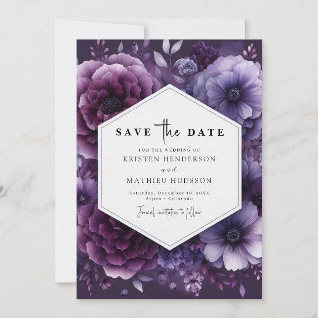 Printable Florals Lila Blumenhochzeit Save The Date (Vorderseite)