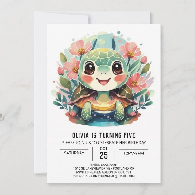 Printable Fun Turtle Girl Birthday Einladung (Vorderseite)