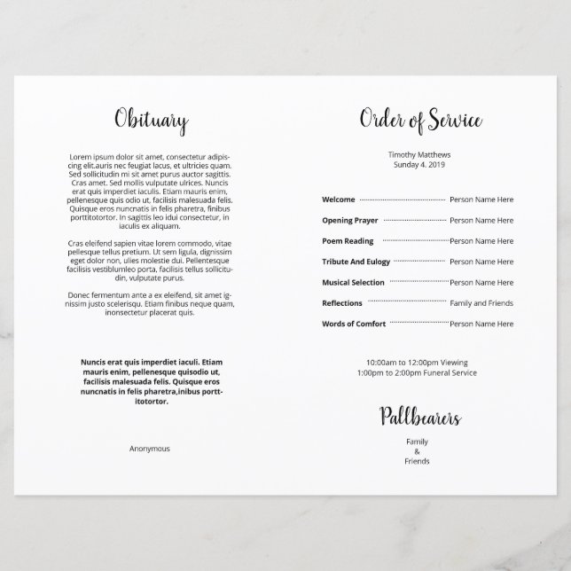 Printable Funeral Program Template (Rückseite)