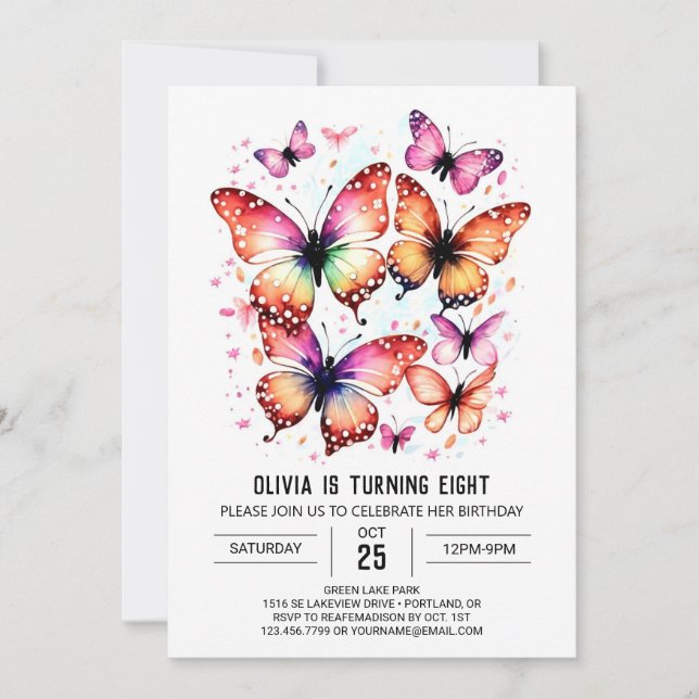 Printable Girly Butterfly Girl Birthday Einladung (Vorderseite)