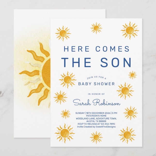 Printable Here Comes The Son Baby Shower Einladung (Vorne/Hinten)