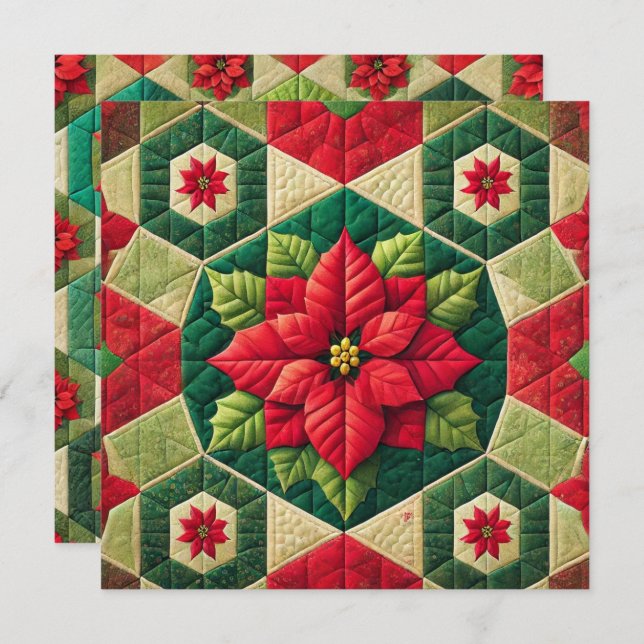 Printable Hexagon Patchwork Poinsettia Scrapbook Einladung (Vorne/Hinten)