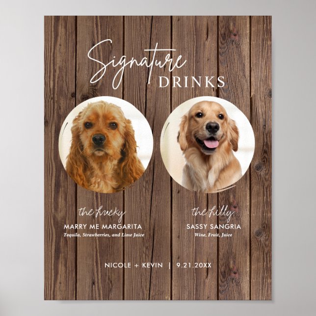 Printable Hundeschrift Drinks Rustikales Hochzeits Poster (Vorne)