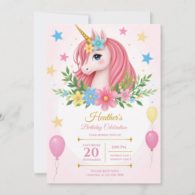 Printable Magical Unicorn Einladungen zum Geburtst (Vorderseite)