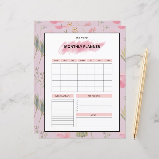 Printable Monthly Planner Template (Vorderseite/Rückseite Beispiel)