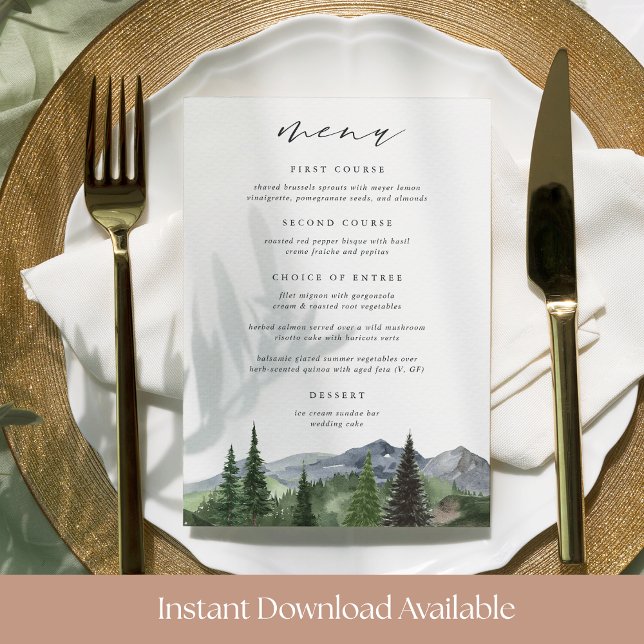 Printable Mountain Forest Wedding Menu Card Einladung (Von Creator hochgeladen)