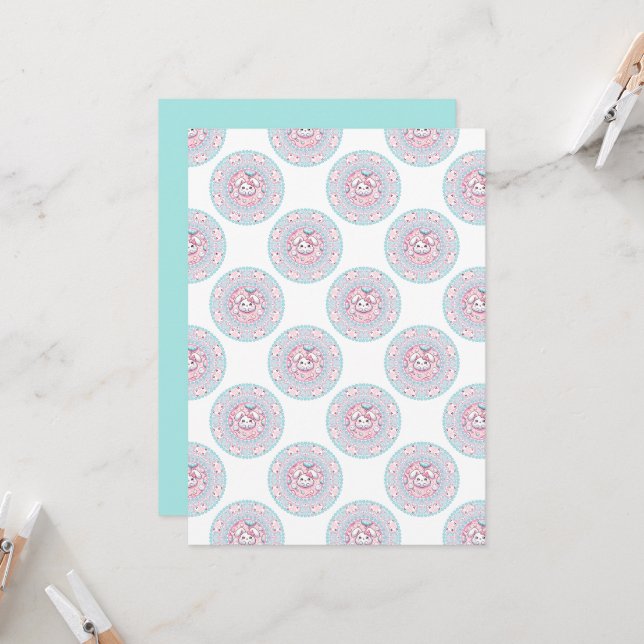 Printable Niedlich Pastel Kawaii Bunny Dot Mandala Einladung (Vorderseite/Rückseite Beispiel)