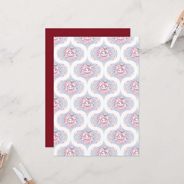 Printable Niedlich Pastel Kawaii Bunny Retro Ogee Einladung (Vorderseite/Rückseite Beispiel)