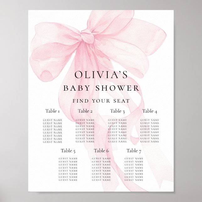 Printable Pink Bow Baby Shower Seating Chart Poster (Vorne)