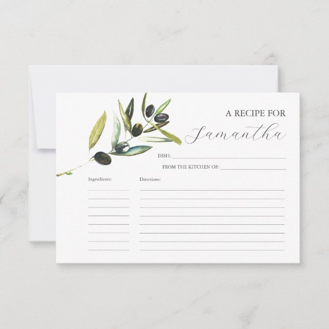 Printable Recipe Cards Watercolor Olive Branch Einladung (Vorderseite)