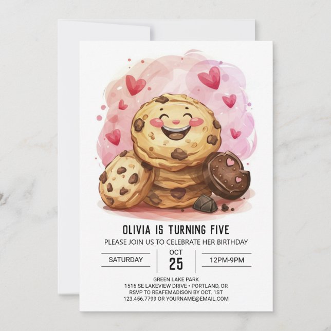 Printable rosa Online Cookies Geburtstag Einladung (Vorderseite)