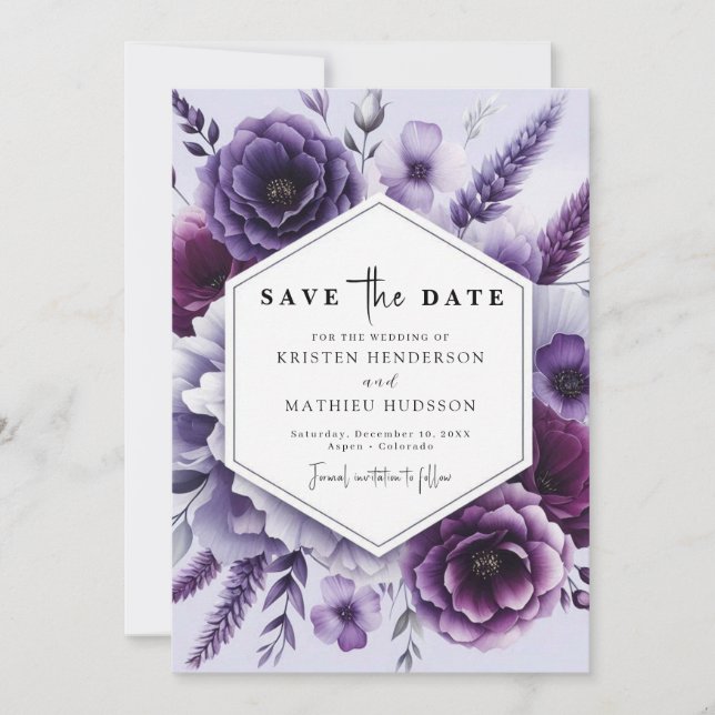 Printable schöne Lila Blumenhochzeit Save The Date (Vorderseite)