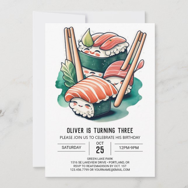 Printable Sushi Night Birthday Einladung (Vorderseite)