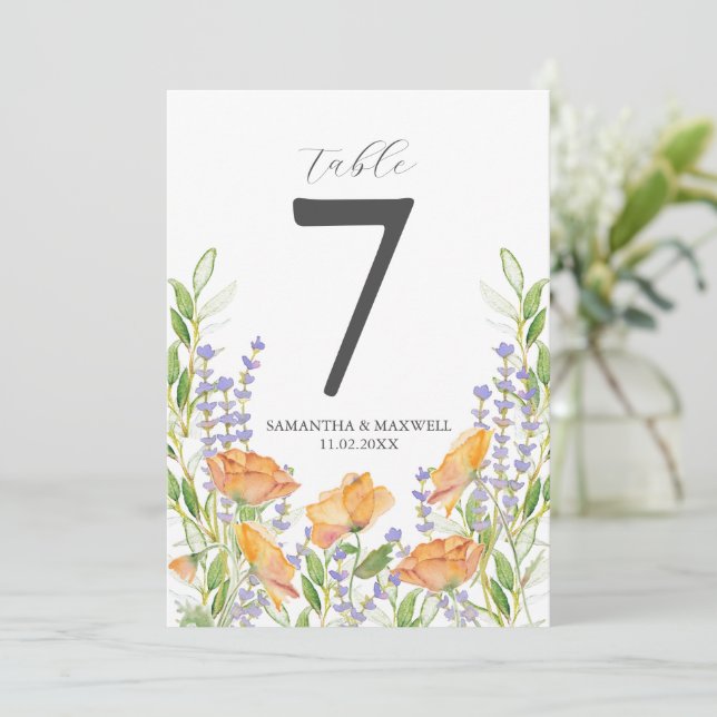 Printable Table Number Watercolor Flowers Einladung (Stehend Vorderseite)