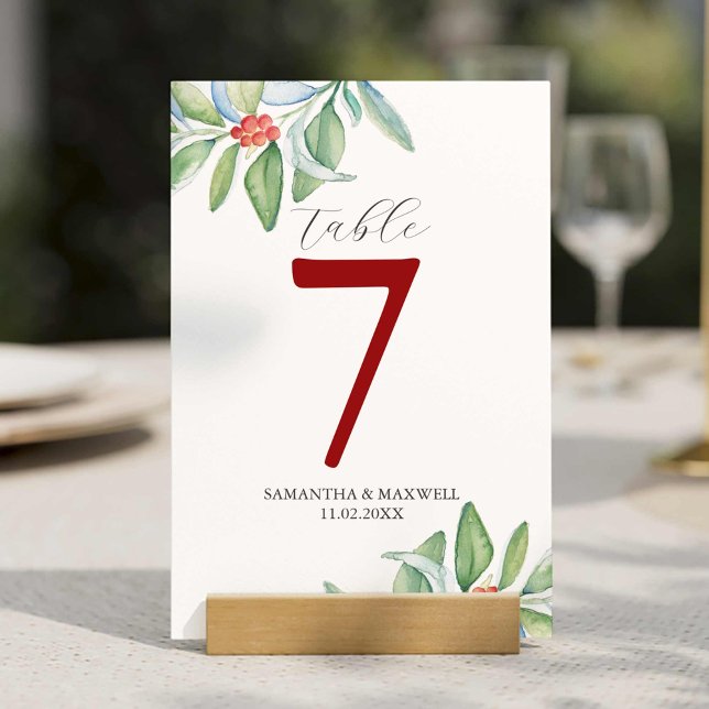 Printable Tischnummer Botanisches Weihnachtsfest (Wedding table number ideas features Christmas greenery watercolor art by Victoria Grigaliunas)
