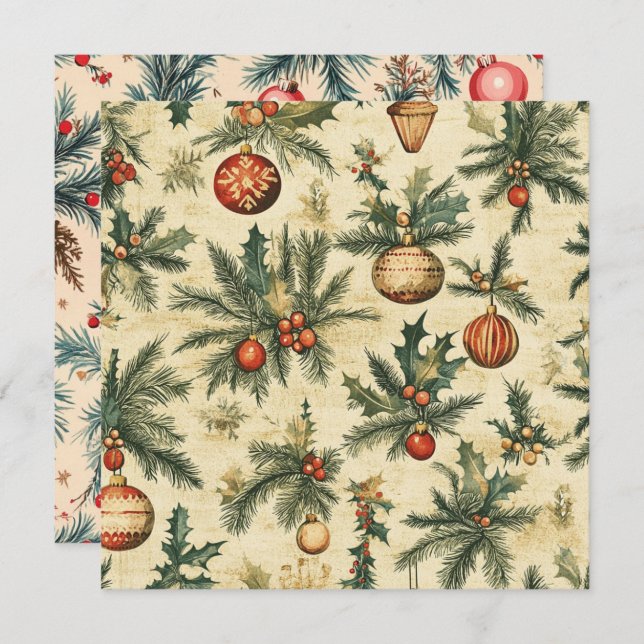 Printable Vintage Weihnachtsbauten und Branchen Einladung (Vorne/Hinten)