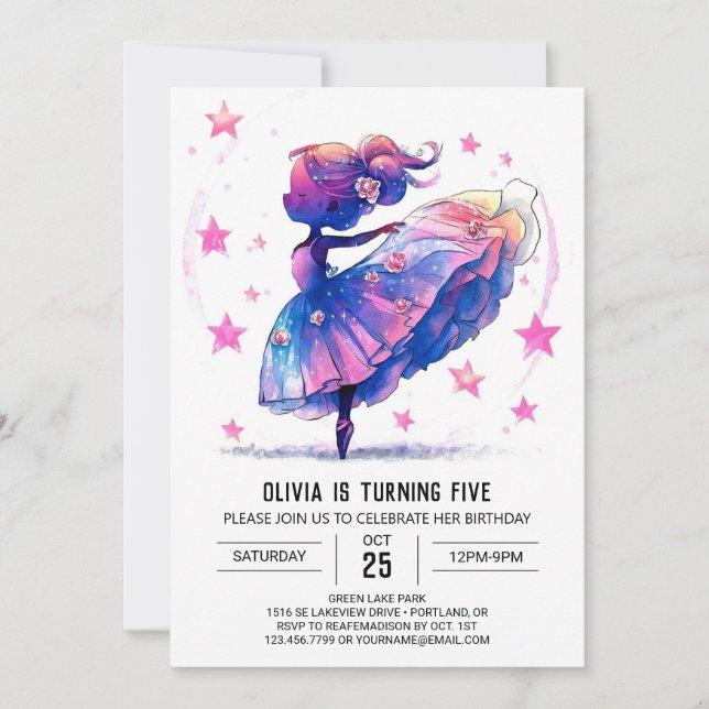 Printable Watercolor Ballerina Birthday Einladung (Vorderseite)