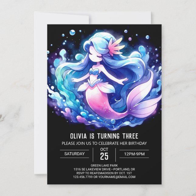 Printable Whimsical Mermaid Birthday Einladung (Vorderseite)