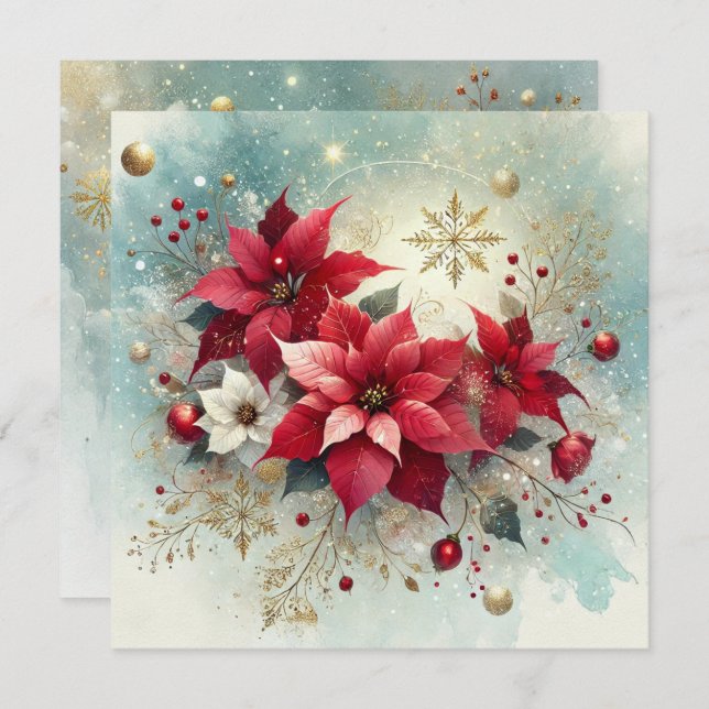 Printable Whimsical Snowy Poinsettia Weihnachten Einladung (Vorne/Hinten)