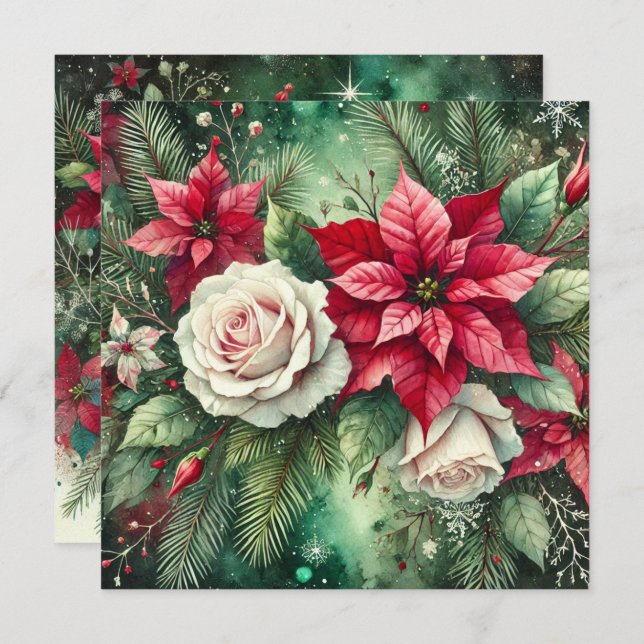 Printable Whimsical Winter Poinsettia Evergreen Einladung (Vorne/Hinten)