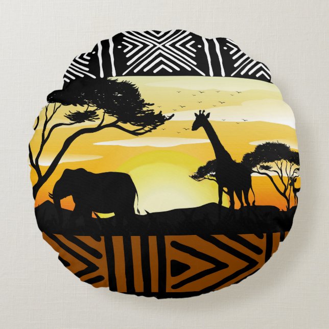 Printed African Safari Scene Round Pillow Rundes Kissen (Vorderseite)