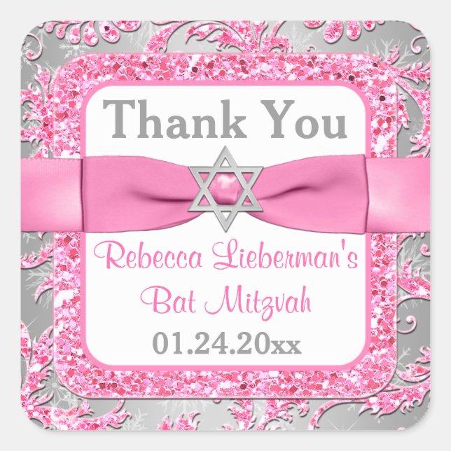 PRINTED Bow - Winter Wonderland Damask Bat Mitzvah Quadratischer Aufkleber (Vorderseite)