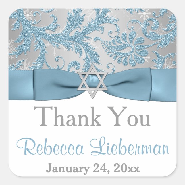 PRINTED Bow - Winter Wonderland Damask Bat Mitzvah Quadratischer Aufkleber (Vorderseite)