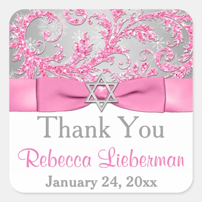PRINTED Bow - Winter Wonderland Damask Bat Mitzvah Quadratischer Aufkleber (Vorderseite)